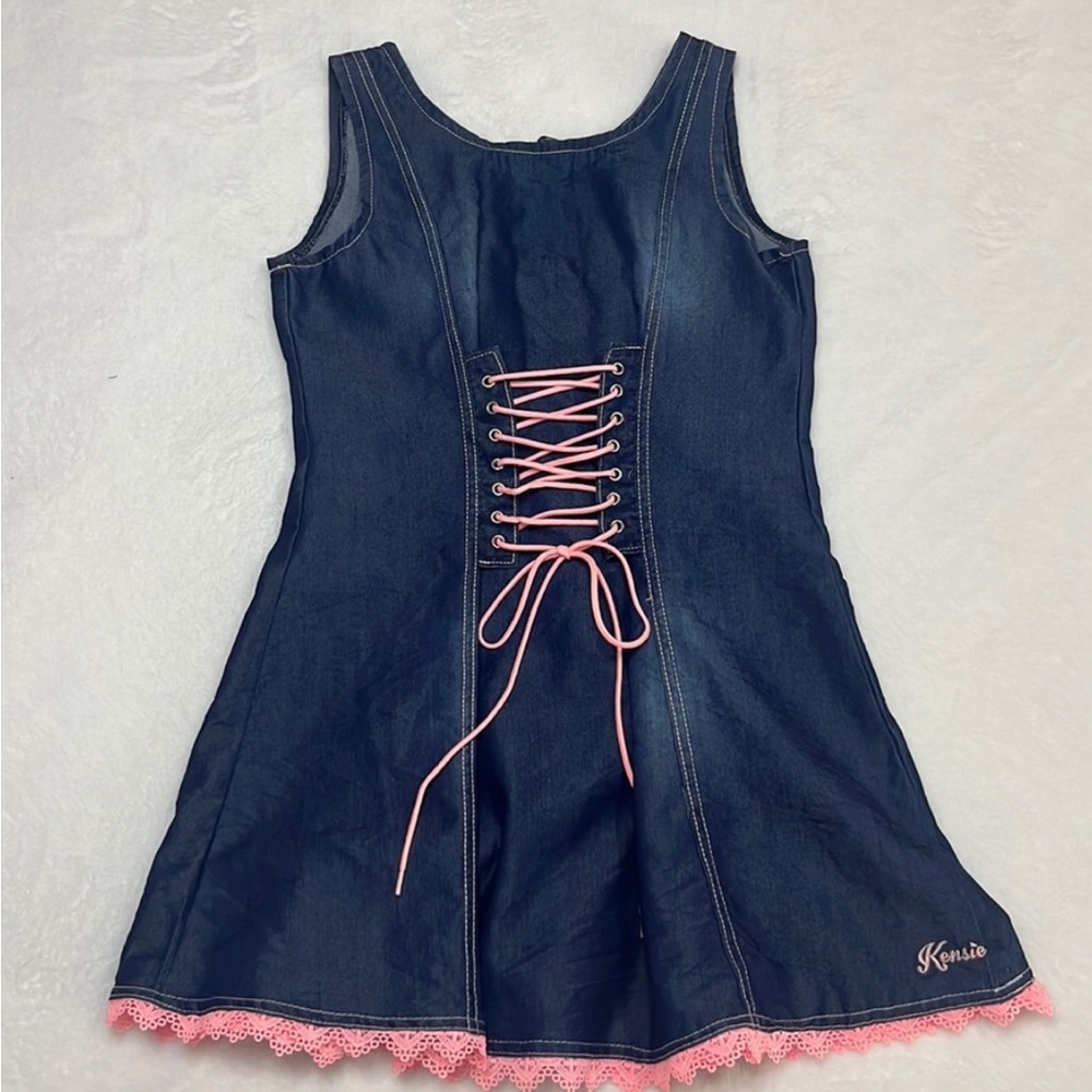 Kensie girls lace up corset denim dress, dark blue size 12 girls worn once